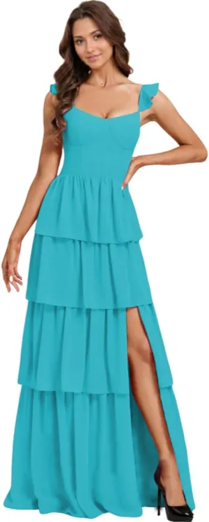 NLQ Tiered Bridesmaid Dresses Slit Ruffles Chiffon Formal Evening Dress for Women