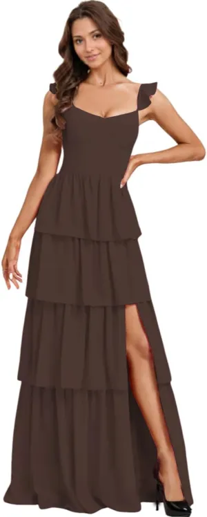 NLQ Tiered Bridesmaid Dresses Slit Ruffles Chiffon Formal Evening Dress for Women