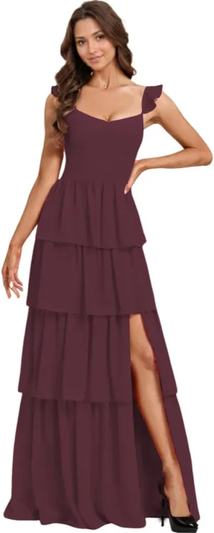 NLQ Tiered Bridesmaid Dresses Slit Ruffles Chiffon Formal Evening Dress for Women
