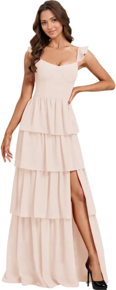 NLQ Tiered Bridesmaid Dresses Slit Ruffles Chiffon Formal Evening Dress for Women