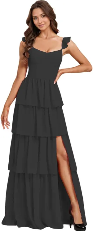 NLQ Tiered Bridesmaid Dresses Slit Ruffles Chiffon Formal Evening Dress for Women