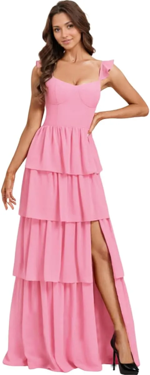 NLQ Tiered Bridesmaid Dresses Slit Ruffles Chiffon Formal Evening Dress for Women
