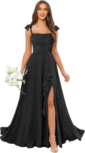 OFEYCHUN Spaghetti Straps Bridesmaid Dresses Long Ruffle Chiffon Formal Evening Gowns with Slit