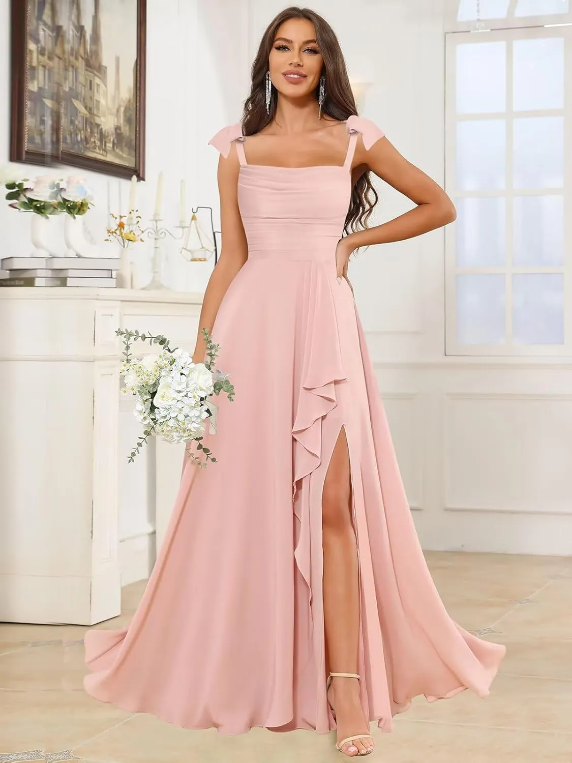 OFEYCHUN Spaghetti Straps Bridesmaid Dresses Long Ruffle Chiffon Formal Evening Gowns with Slit