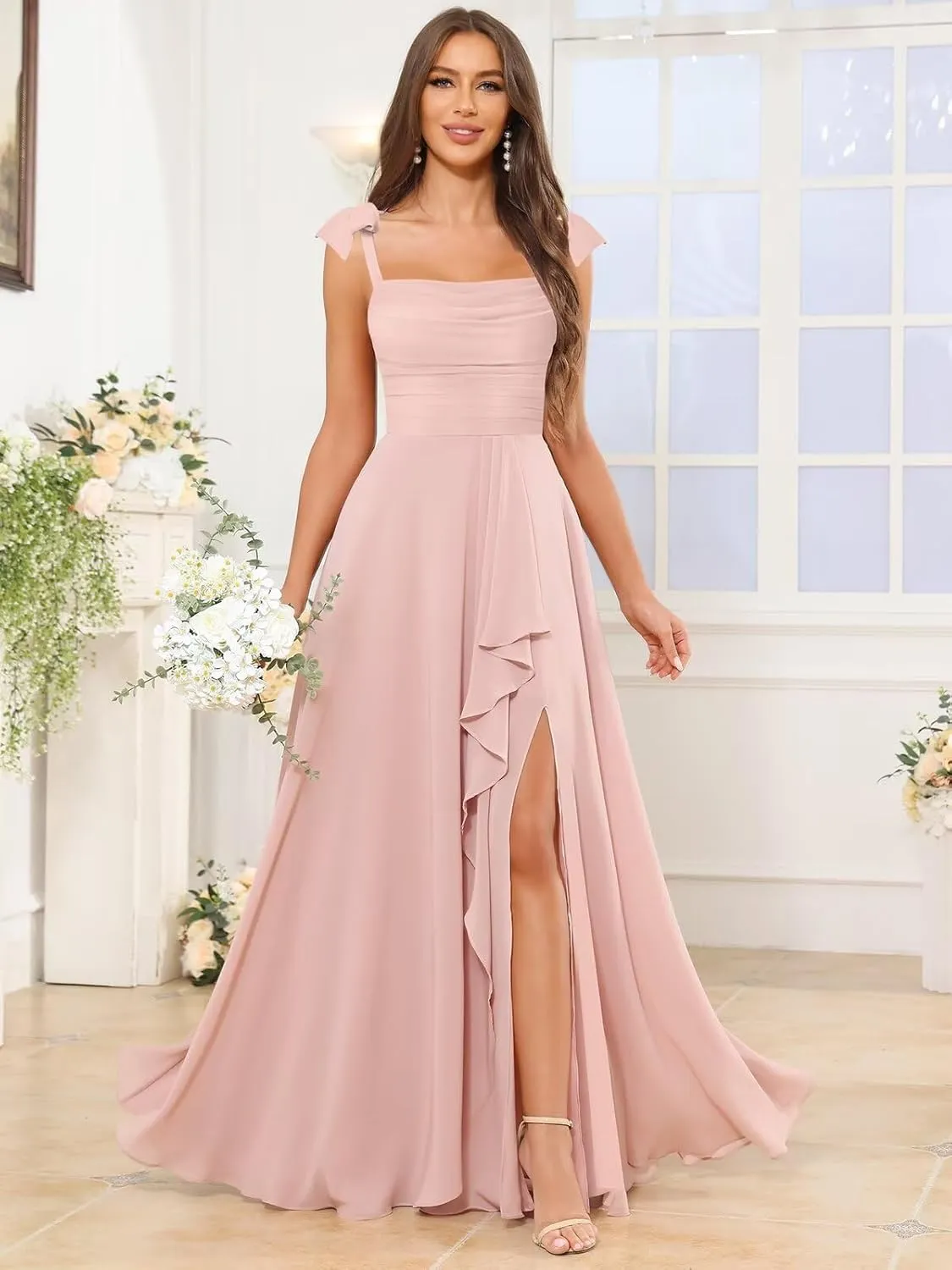 OFEYCHUN Spaghetti Straps Bridesmaid Dresses Long Ruffle Chiffon Formal Evening Gowns with Slit