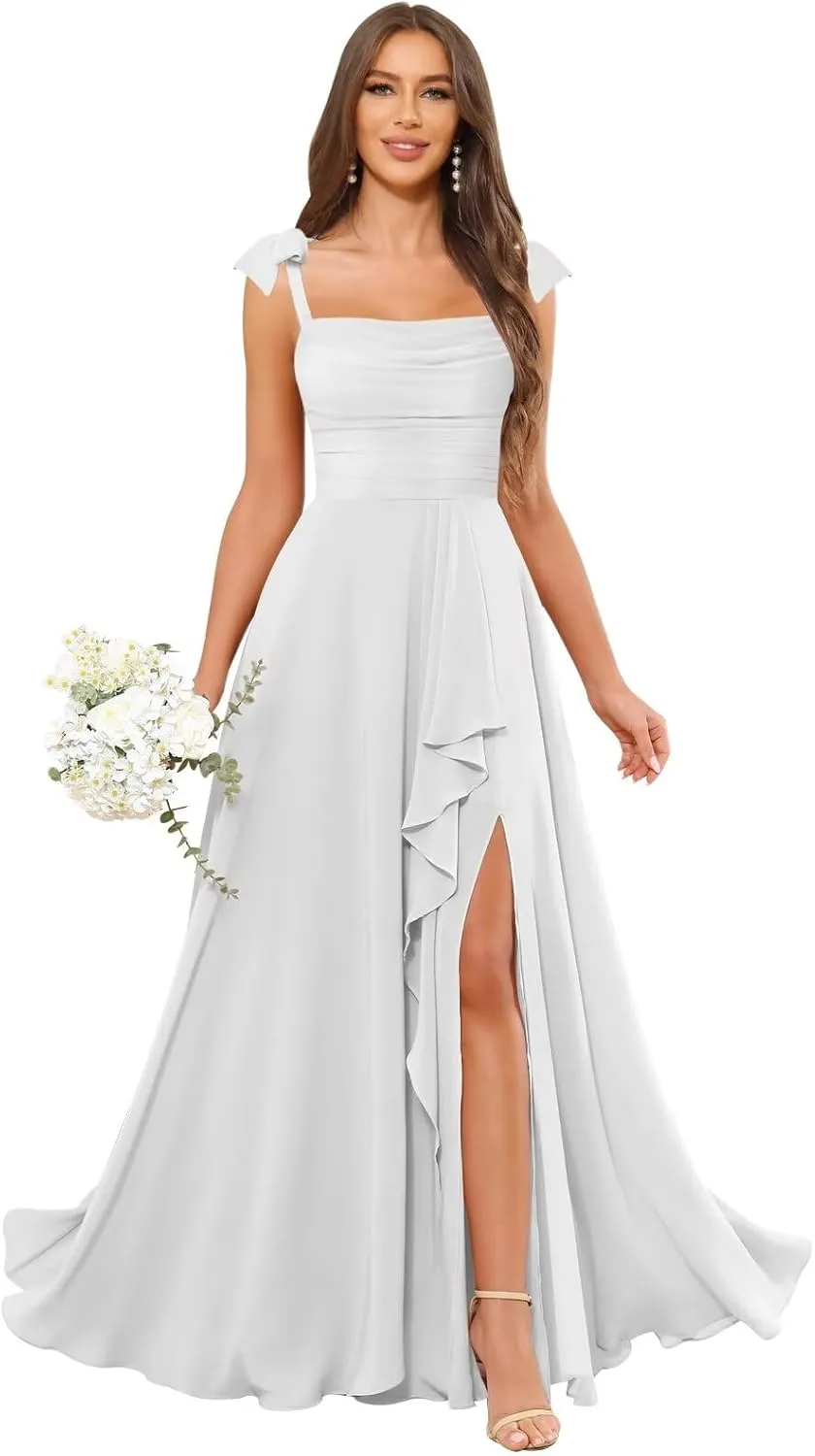 OFEYCHUN Spaghetti Straps Bridesmaid Dresses Long Ruffle Chiffon Formal Evening Gowns with Slit