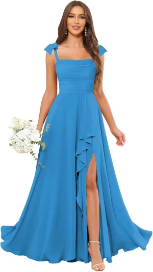 OFEYCHUN Spaghetti Straps Bridesmaid Dresses Long Ruffle Chiffon Formal Evening Gowns with Slit