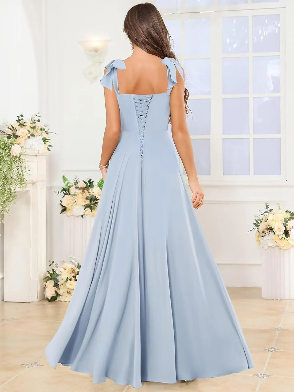 OFEYCHUN Spaghetti Straps Bridesmaid Dresses Long Ruffle Chiffon Formal Evening Gowns with Slit