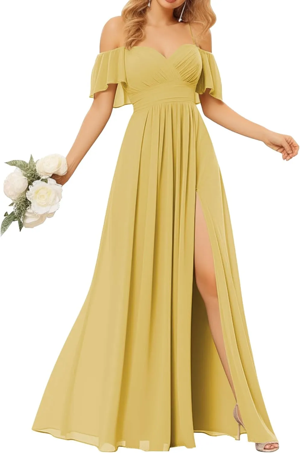 Off Shoulder Bridesmaid Dresses for Women - Long Chiffon Pleated Formal Evening Dress with Slit
