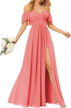 Off Shoulder Bridesmaid Dresses for Women - Long Chiffon Pleated Formal Evening Dress with Slit