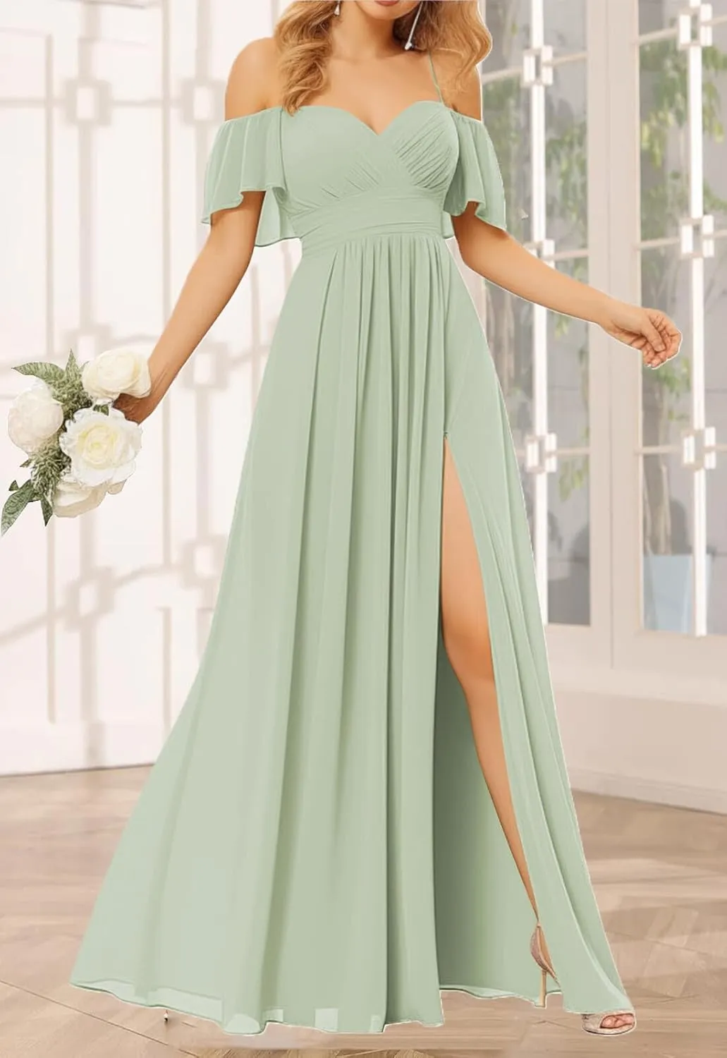 Off Shoulder Bridesmaid Dresses for Women - Long Chiffon Pleated Formal Evening Dress with Slit