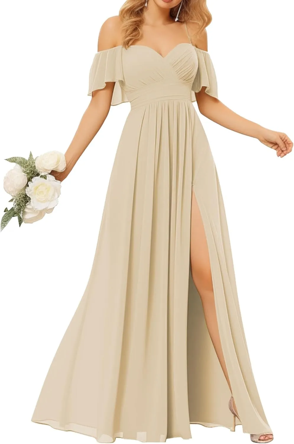 Off Shoulder Bridesmaid Dresses for Women - Long Chiffon Pleated Formal Evening Dress with Slit