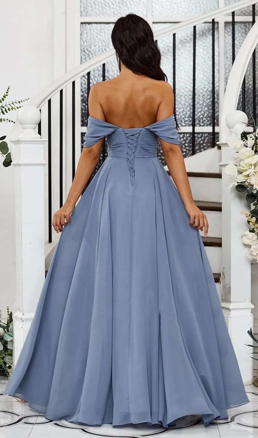 Off Shoulder Bridesmaid Dresses Long with Pockets 2024 Chiffon A Line Formal Dress for Women Wedding