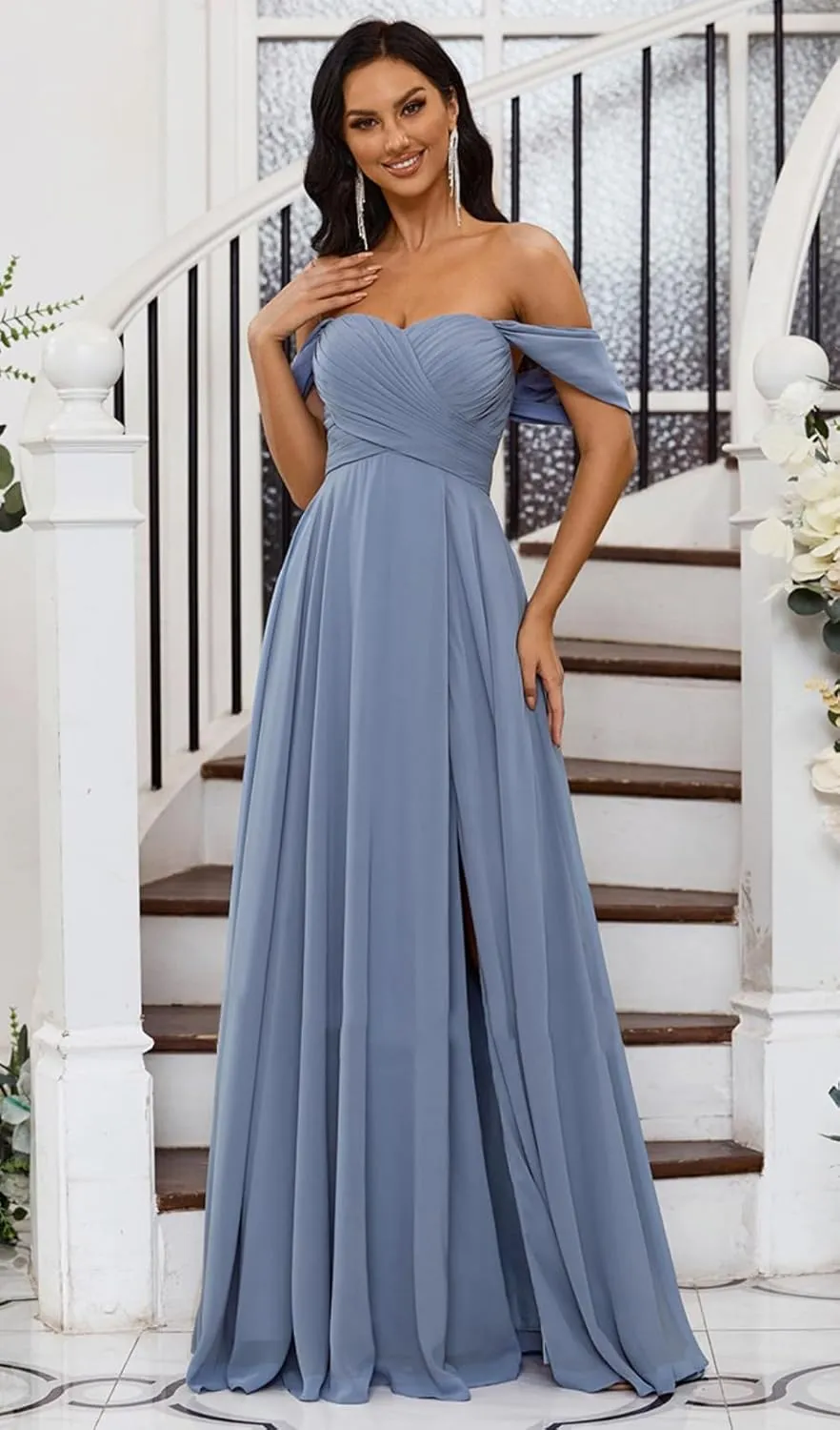 Off Shoulder Bridesmaid Dresses Long with Pockets 2024 Chiffon A Line Formal Dress for Women Wedding