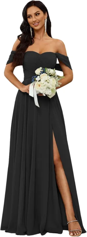 Off Shoulder Bridesmaid Dresses Long with Pockets 2024 Chiffon A Line Formal Dress for Women Wedding