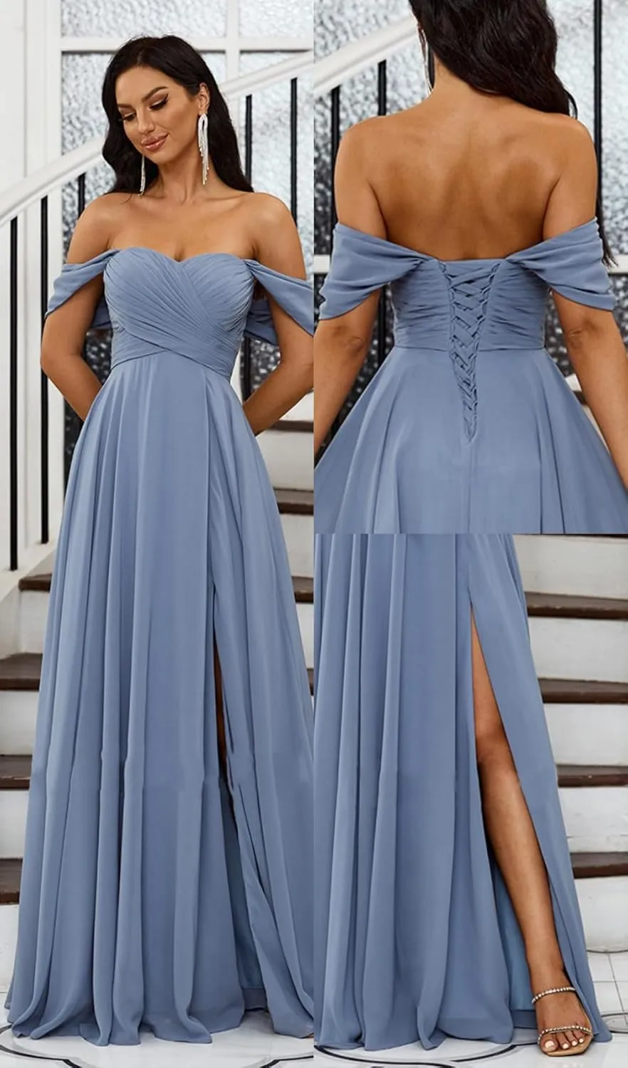 Off Shoulder Bridesmaid Dresses Long with Pockets 2024 Chiffon A Line Formal Dress for Women Wedding