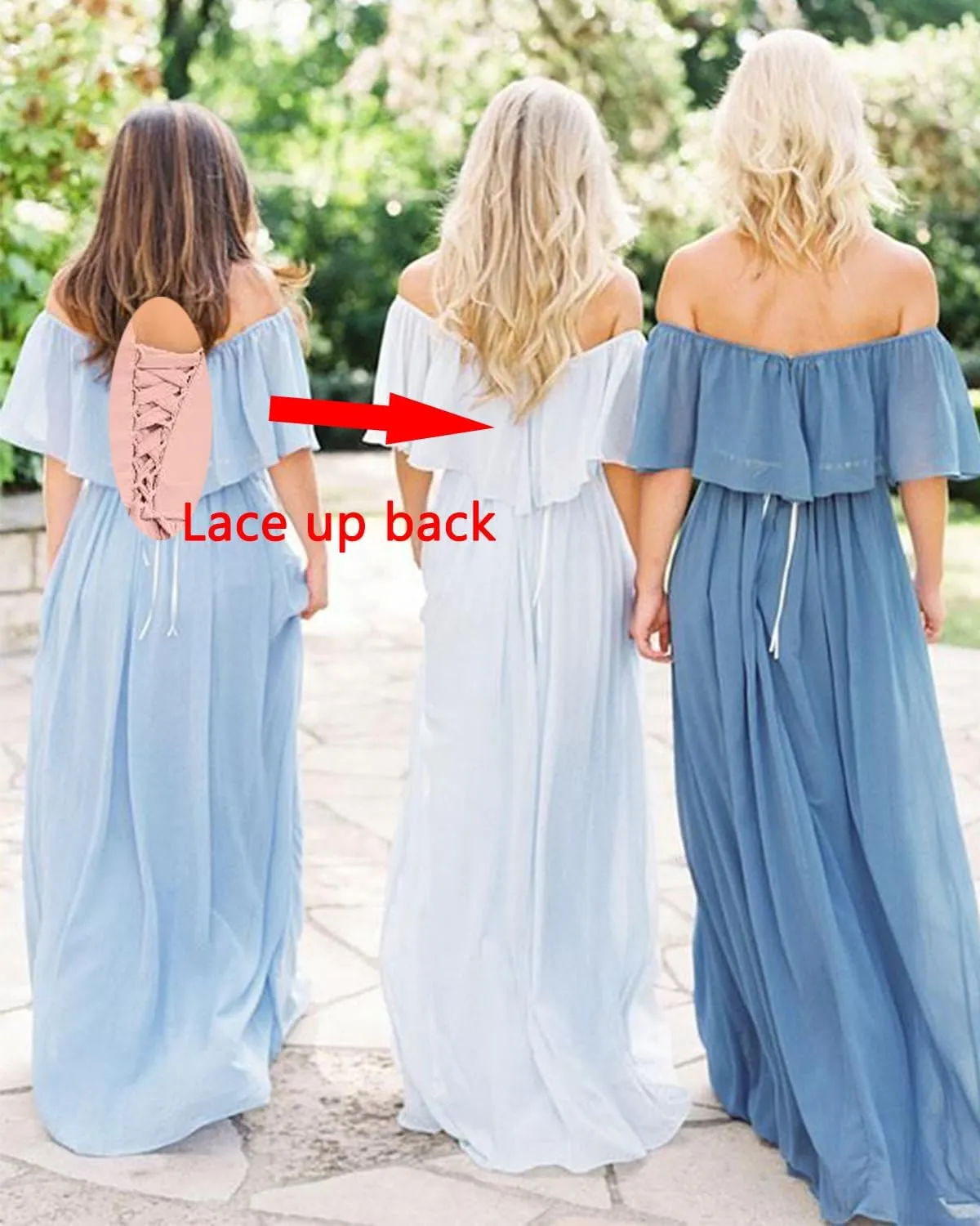 Off The Shoulder Chiffon Bridesmaid Dresses Long A-Line Flowy Formal Party Gowns with Ruffles