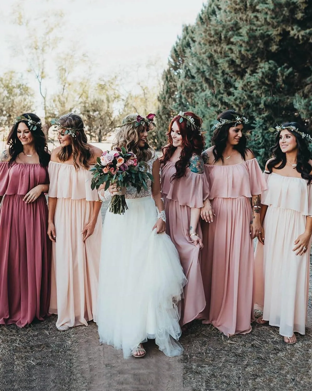 Off The Shoulder Chiffon Bridesmaid Dresses Long A-Line Flowy Formal Party Gowns with Ruffles