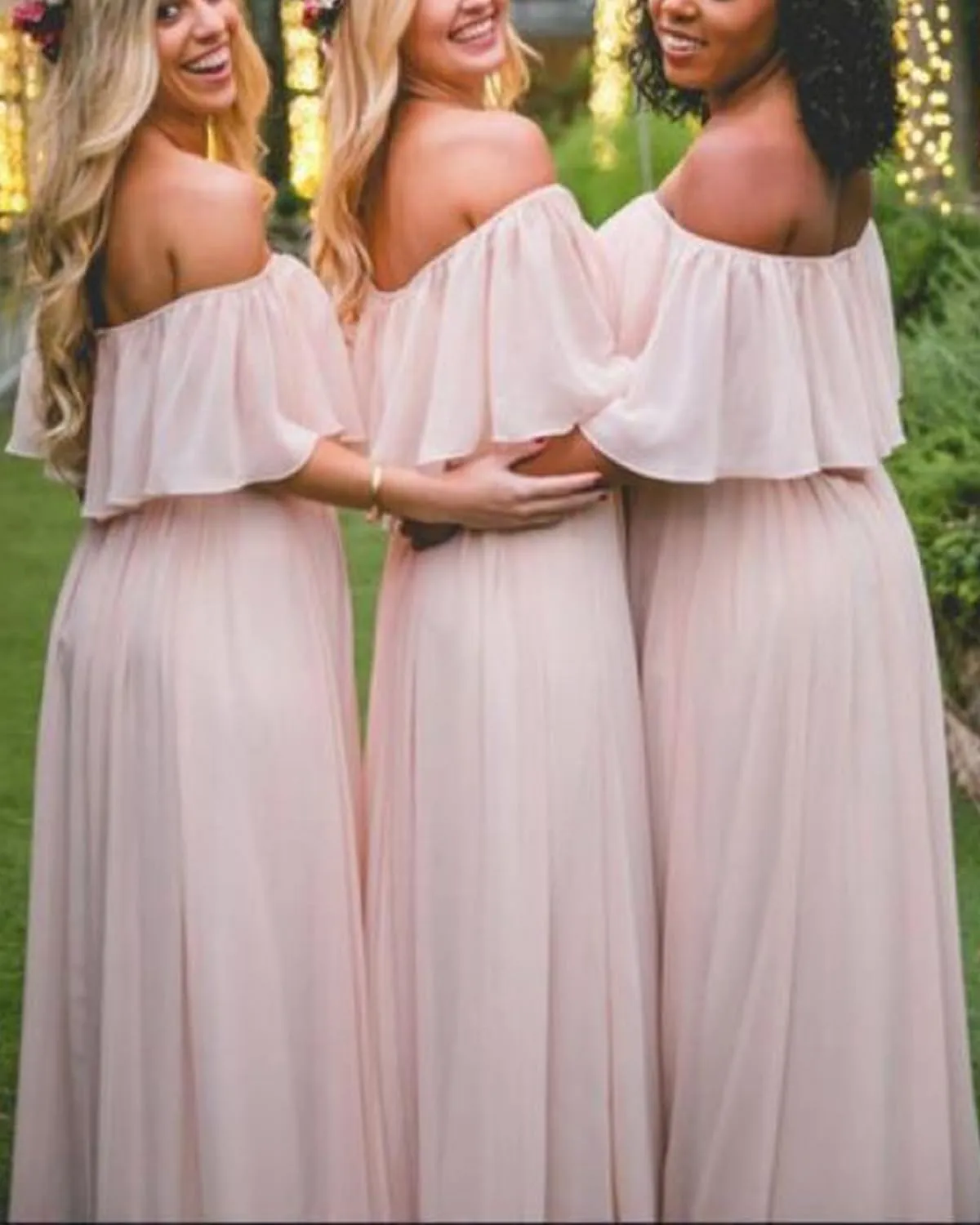 Off The Shoulder Chiffon Bridesmaid Dresses Long A-Line Flowy Formal Party Gowns with Ruffles