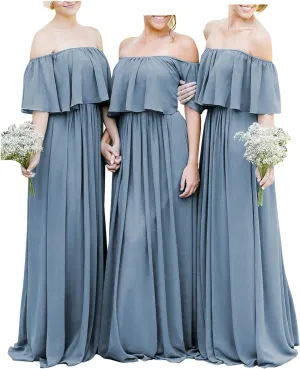 Off The Shoulder Chiffon Bridesmaid Dresses Long A-Line Flowy Formal Party Gowns with Ruffles