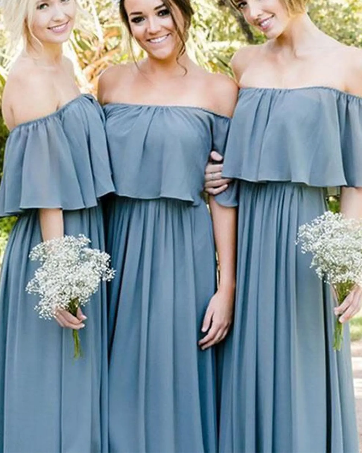 Off The Shoulder Chiffon Bridesmaid Dresses Long A-Line Flowy Formal Party Gowns with Ruffles