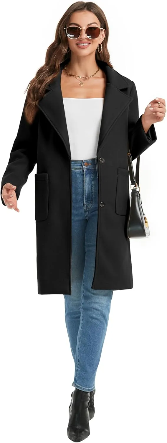 Omoone Women's Notched Lapel Wool Coats Mid Long Button Pea Coats Warm Thicken Trench Jacket