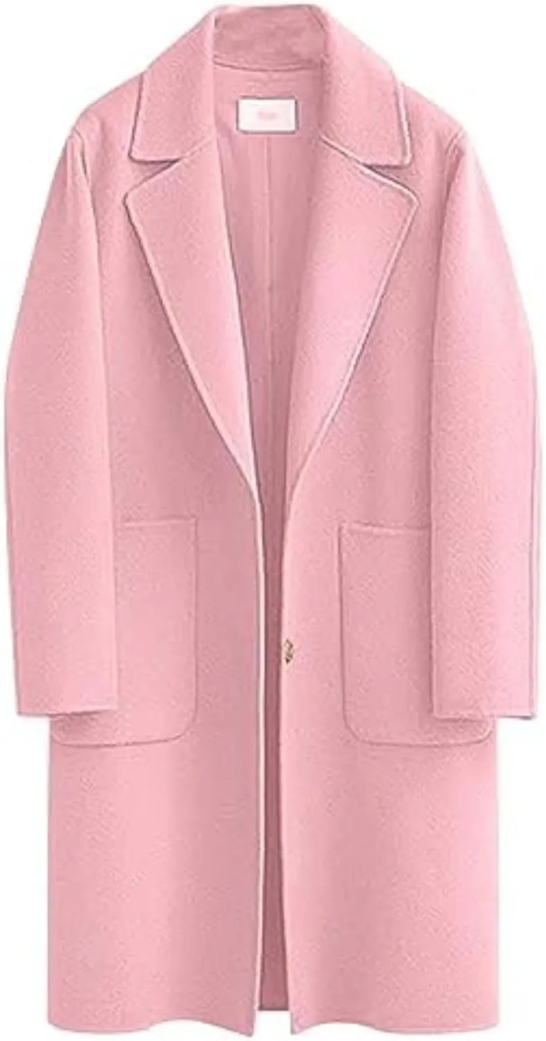 Omoone Women's Notched Lapel Wool Coats Mid Long Button Pea Coats Warm Thicken Trench Jacket