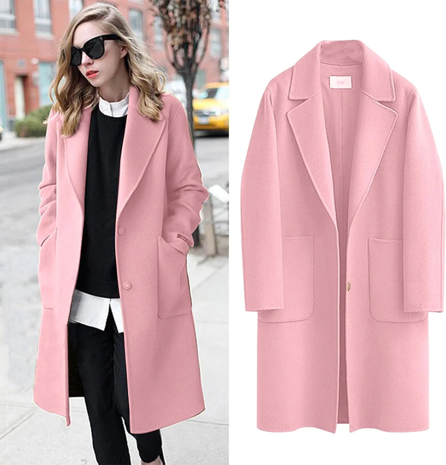 Omoone Women's Notched Lapel Wool Coats Mid Long Button Pea Coats Warm Thicken Trench Jacket