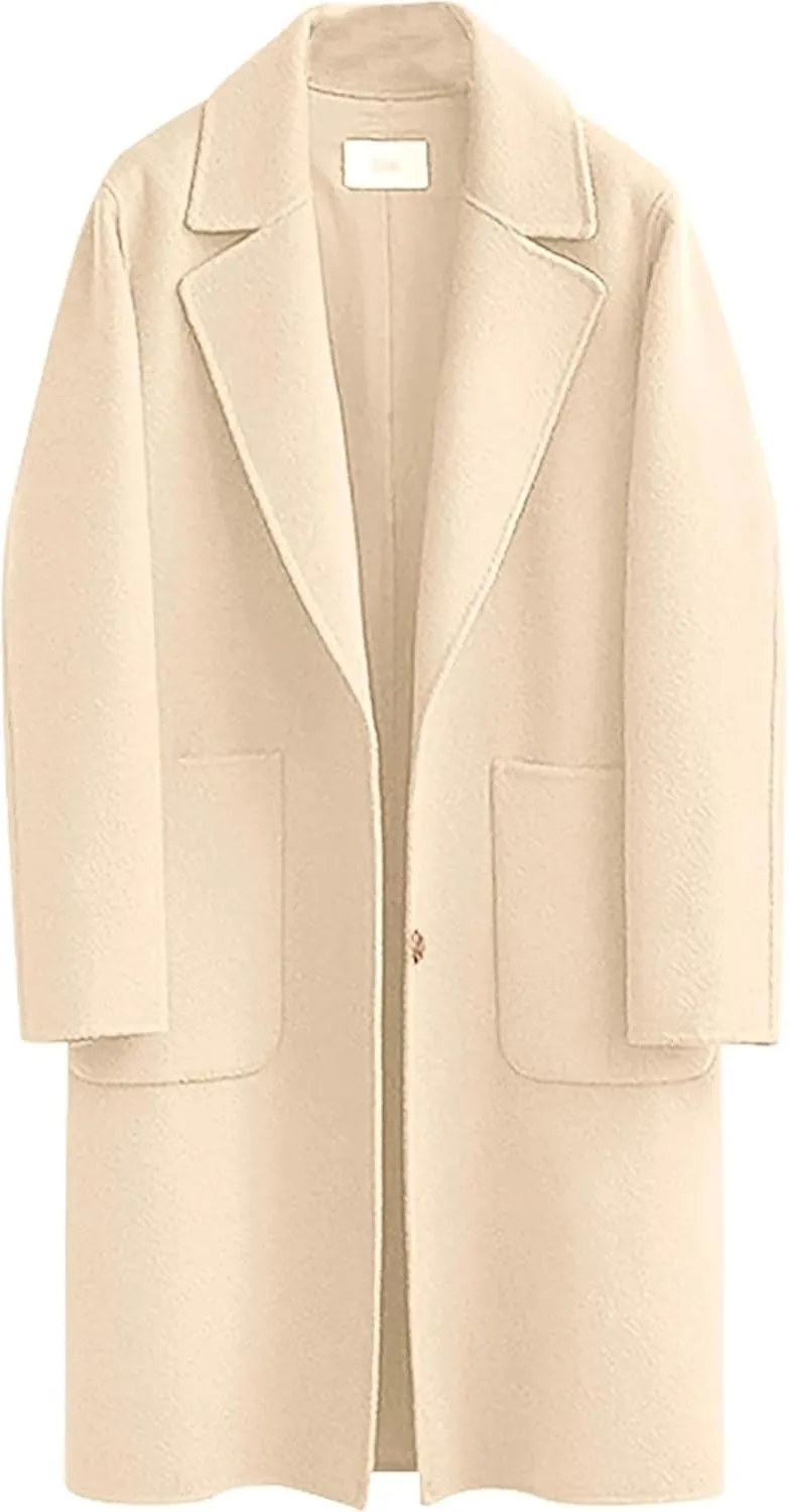 Omoone Women's Notched Lapel Wool Coats Mid Long Button Pea Coats Warm Thicken Trench Jacket