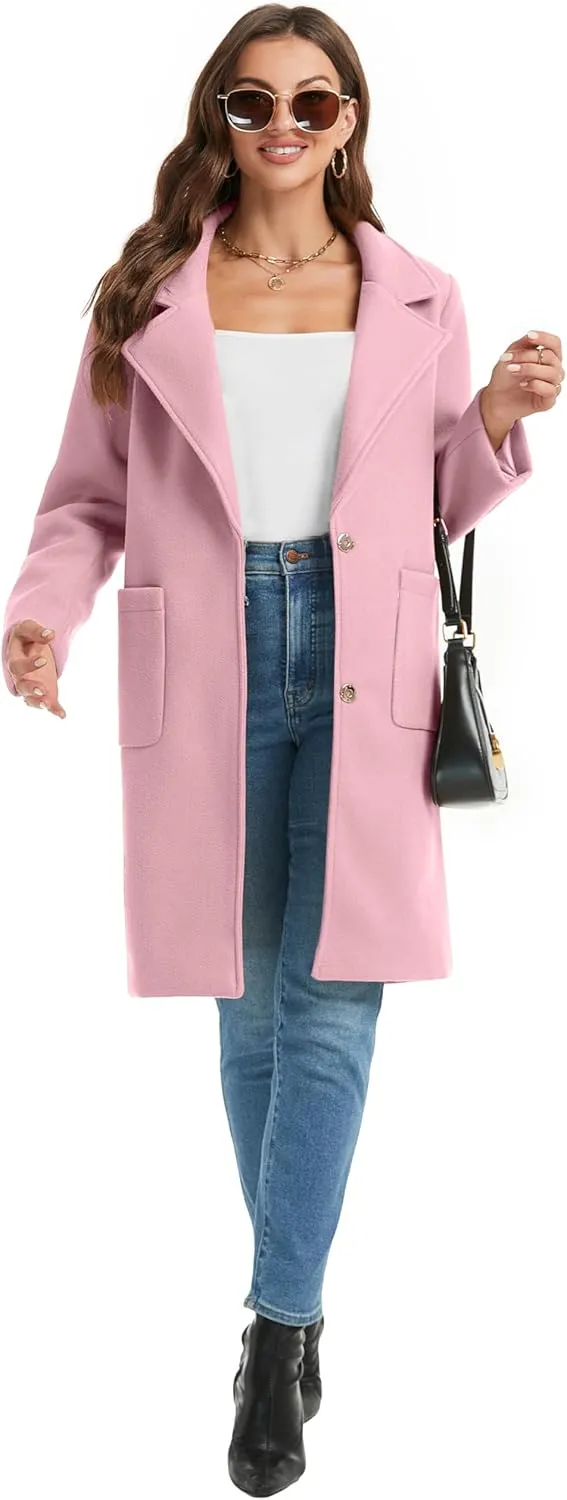 Omoone Women's Notched Lapel Wool Coats Mid Long Button Pea Coats Warm Thicken Trench Jacket