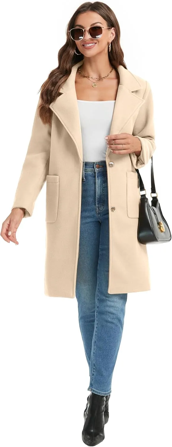 Omoone Women's Notched Lapel Wool Coats Mid Long Button Pea Coats Warm Thicken Trench Jacket