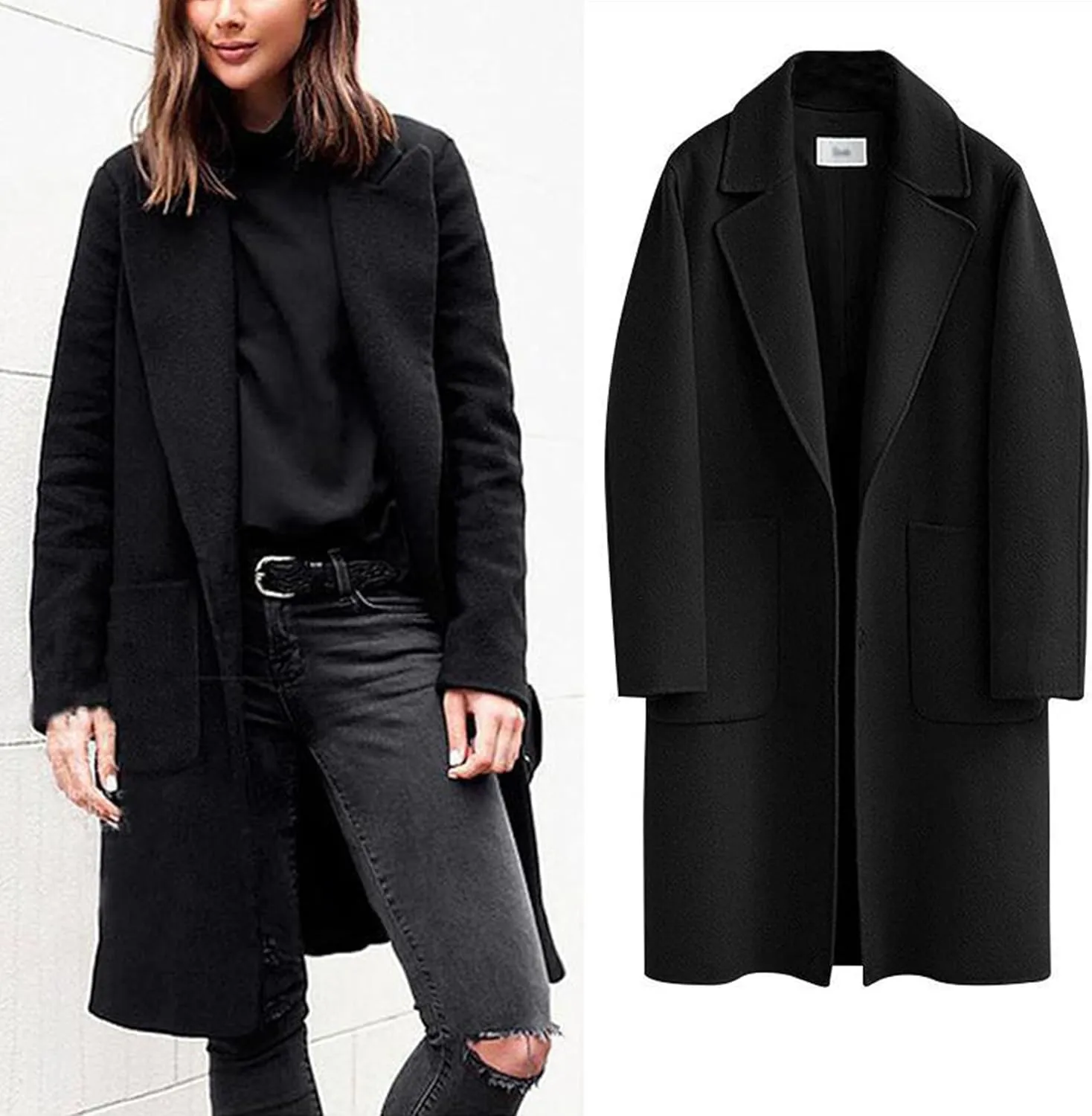 Omoone Women's Notched Lapel Wool Coats Mid Long Button Pea Coats Warm Thicken Trench Jacket