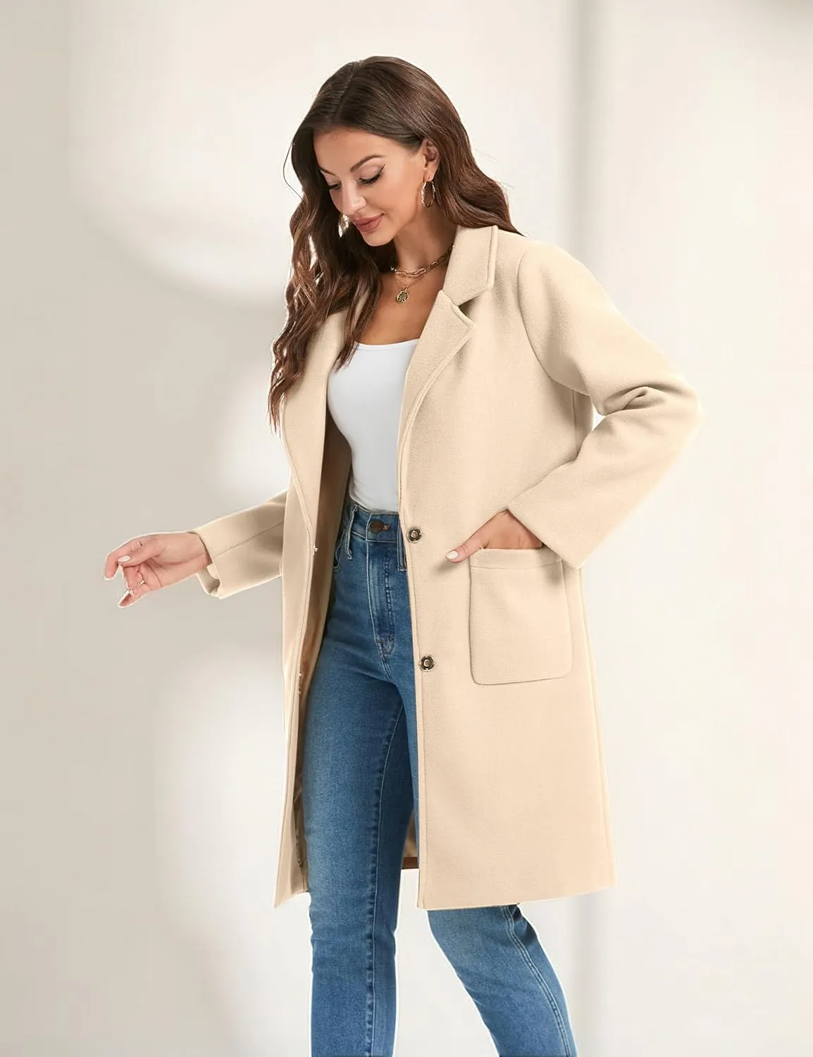 Omoone Women's Notched Lapel Wool Coats Mid Long Button Pea Coats Warm Thicken Trench Jacket