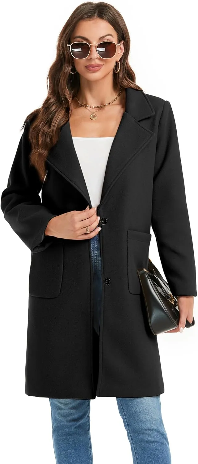 Omoone Women's Notched Lapel Wool Coats Mid Long Button Pea Coats Warm Thicken Trench Jacket