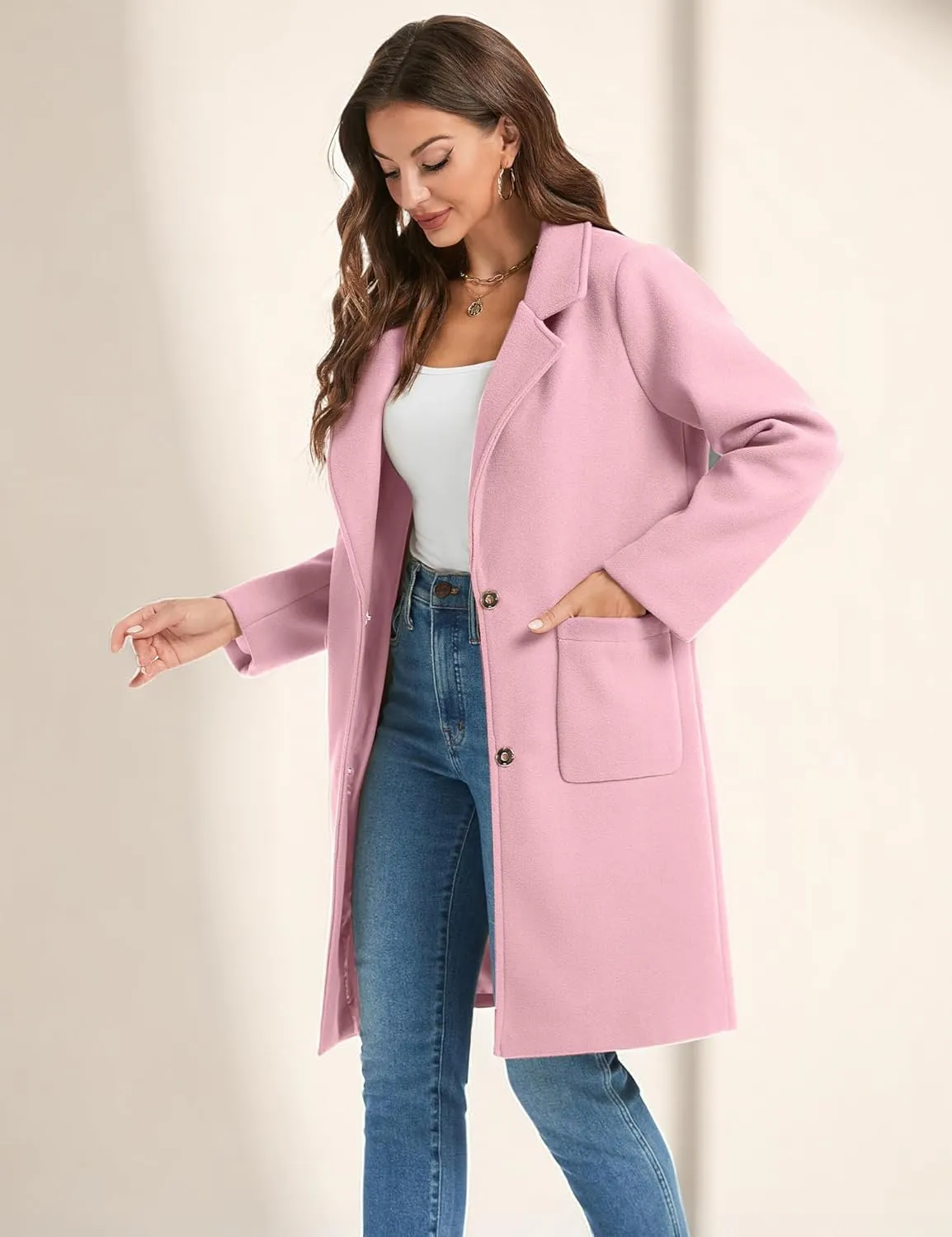 Omoone Women's Notched Lapel Wool Coats Mid Long Button Pea Coats Warm Thicken Trench Jacket