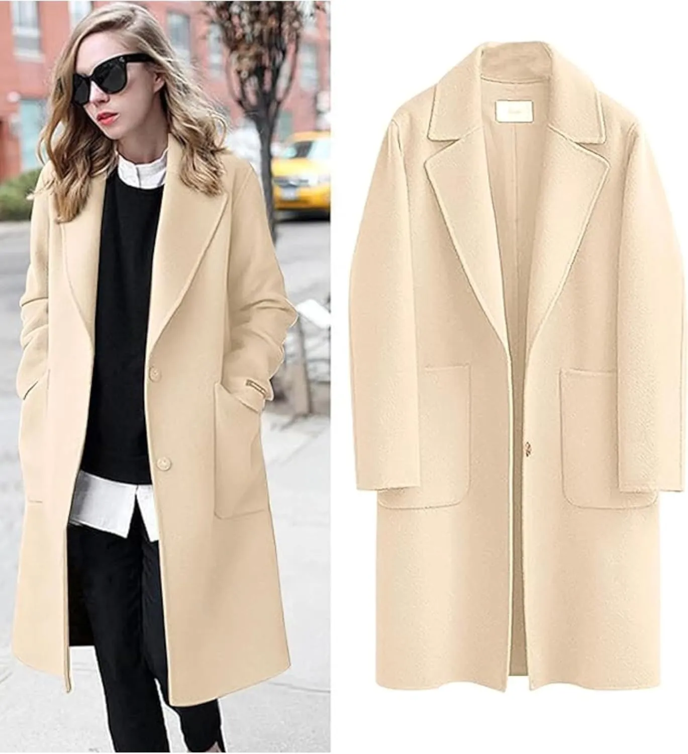 Omoone Women's Notched Lapel Wool Coats Mid Long Button Pea Coats Warm Thicken Trench Jacket