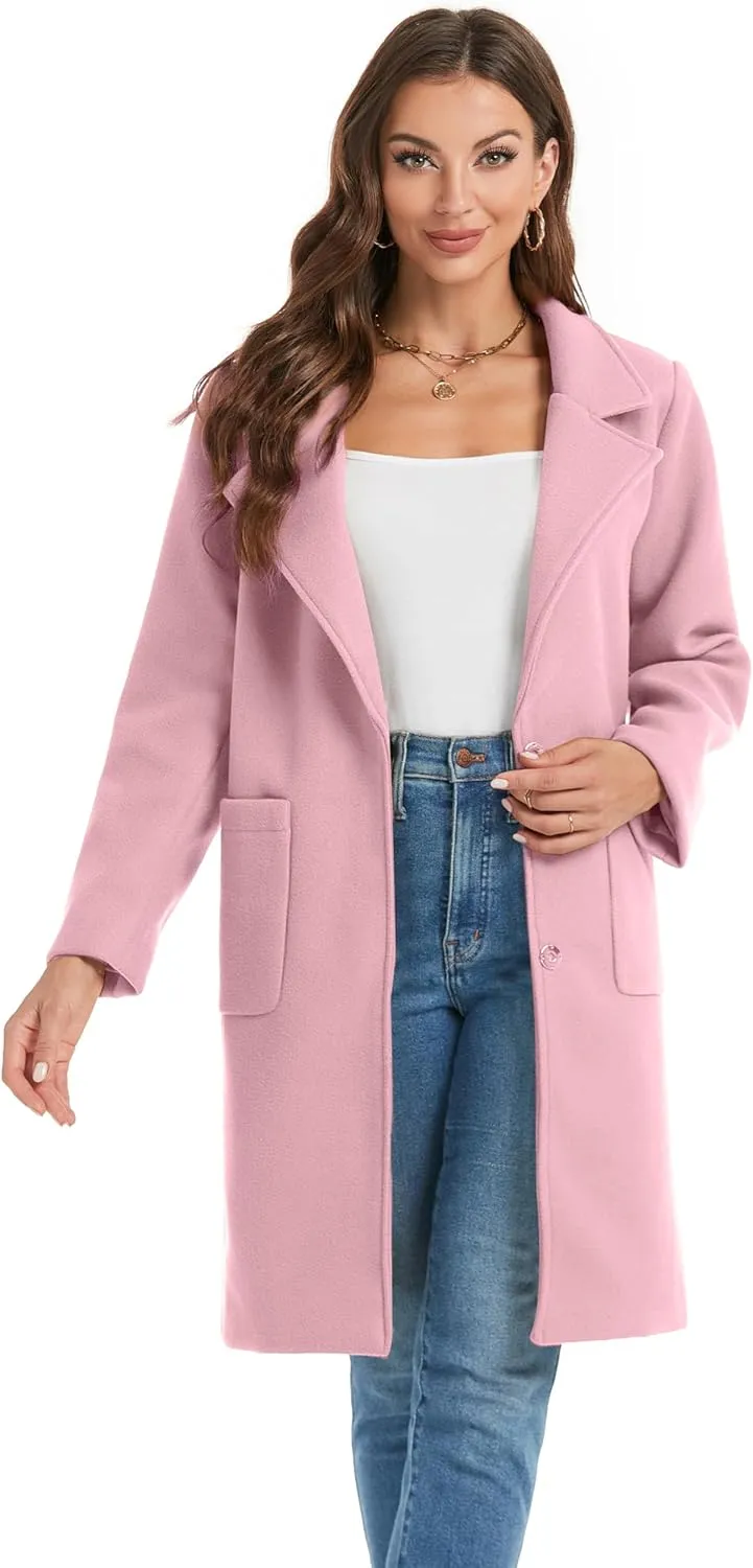 Omoone Women's Notched Lapel Wool Coats Mid Long Button Pea Coats Warm Thicken Trench Jacket