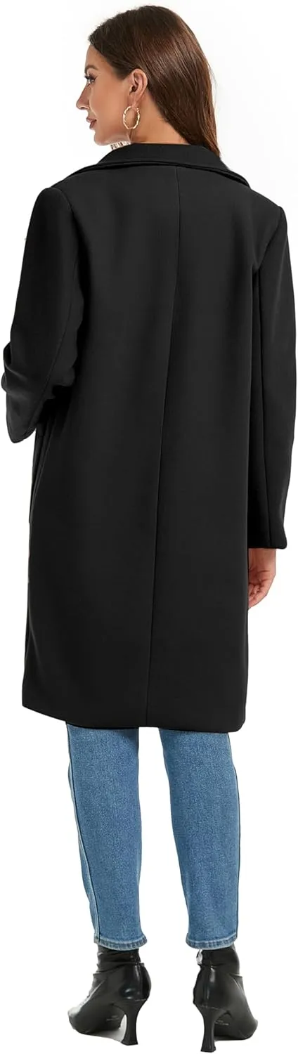 Omoone Women's Notched Lapel Wool Coats Mid Long Button Pea Coats Warm Thicken Trench Jacket