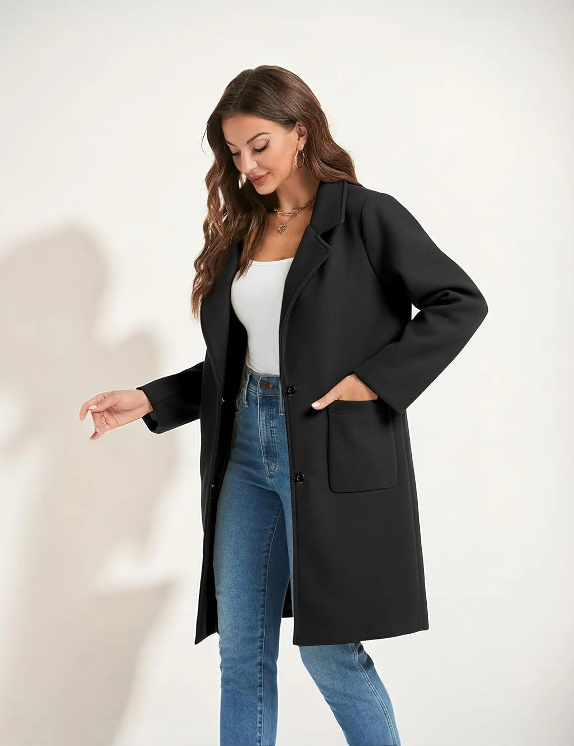 Omoone Women's Notched Lapel Wool Coats Mid Long Button Pea Coats Warm Thicken Trench Jacket