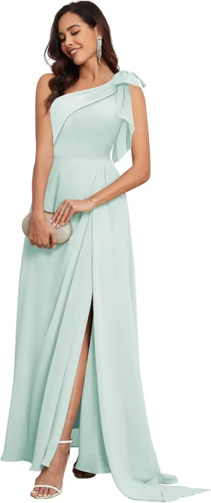 One Shoulder Bridesmaid Dresses for Women with Slit Pleated V Neck Long Chiffon Bow Formal Evening Dress