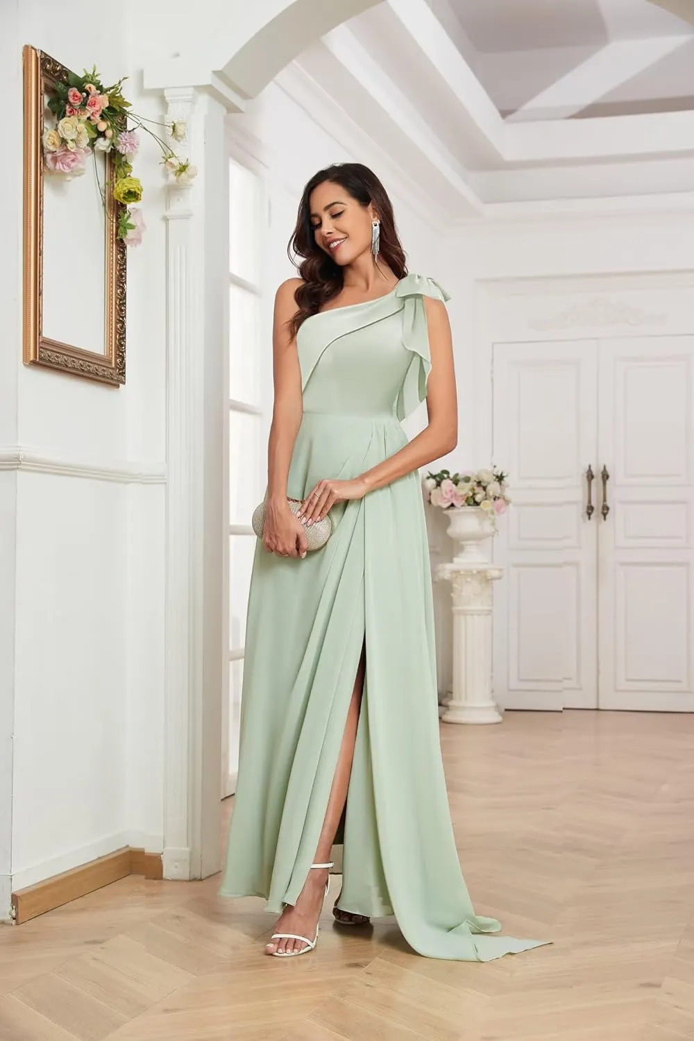 One Shoulder Bridesmaid Dresses for Women with Slit Pleated V Neck Long Chiffon Bow Formal Evening Dress