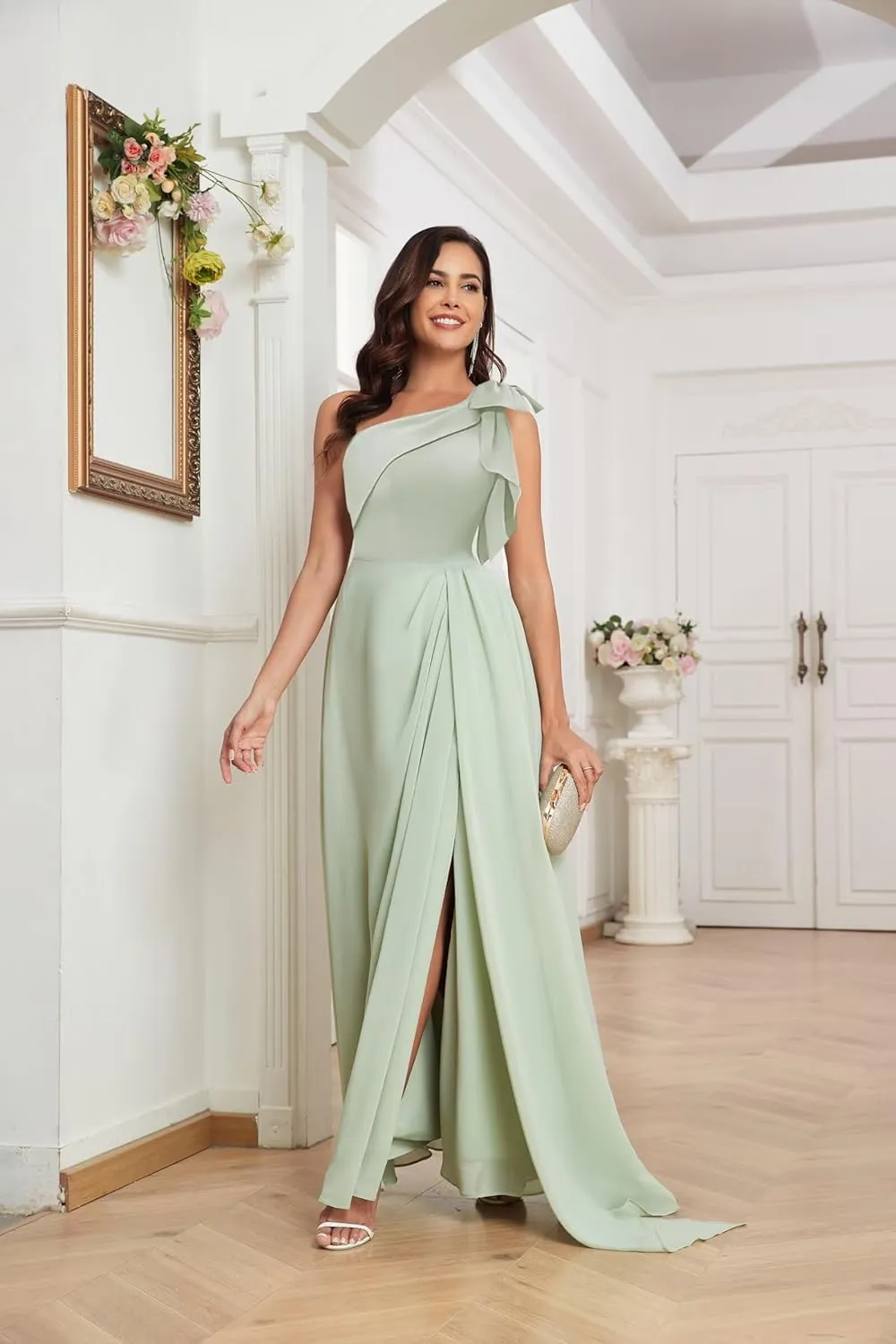 One Shoulder Bridesmaid Dresses for Women with Slit Pleated V Neck Long Chiffon Bow Formal Evening Dress