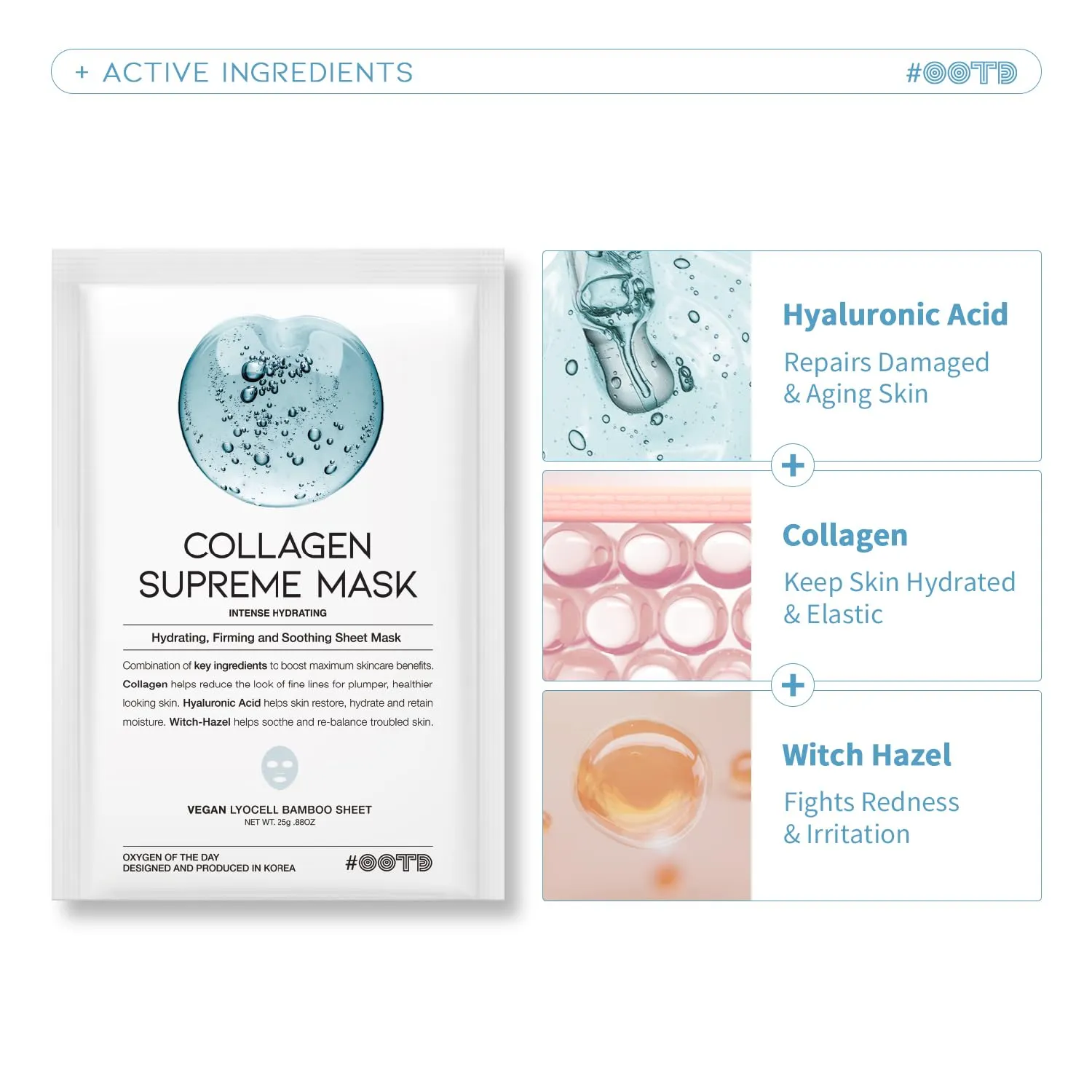#OOTD Hydrating Soothing Sheet Masks Gift Set for Skincare, Korean Vegan Sheet Mask for Dry, Sensitive Skin, Calming, Smoothing, Brightening, Collagen, Ceramide, Cica, Hyaluronic Acid 30EA