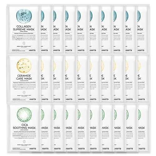 #OOTD Hydrating Soothing Sheet Masks Gift Set for Skincare, Korean Vegan Sheet Mask for Dry, Sensitive Skin, Calming, Smoothing, Brightening, Collagen, Ceramide, Cica, Hyaluronic Acid 30EA