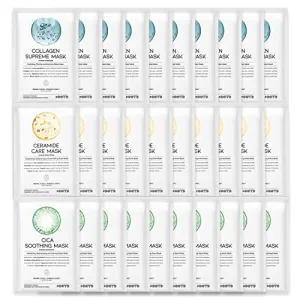#OOTD Hydrating Soothing Sheet Masks Gift Set for Skincare, Korean Vegan Sheet Mask for Dry, Sensitive Skin, Calming, Smoothing, Brightening, Collagen, Ceramide, Cica, Hyaluronic Acid 30EA