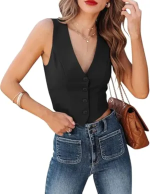 Orchidays Women's Business V Neck Sleeveless Vests Fully Lined Button Up Regular Fitted Jacket Waistcoats
