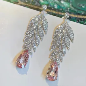 Original Elegant Leaf Fashion Zircon Pink Sapphire Earrings - 925 Sterling Silver
