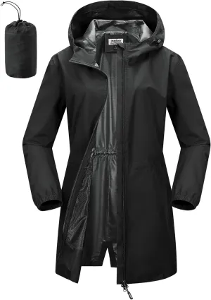 Outdoor Ventures Women's Waterproof Long Rain Coats Packable Lightweight Rain Jacket With Hood Windproof Trench Coats