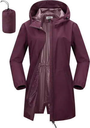 Outdoor Ventures Women's Waterproof Long Rain Coats Packable Lightweight Rain Jacket With Hood Windproof Trench Coats