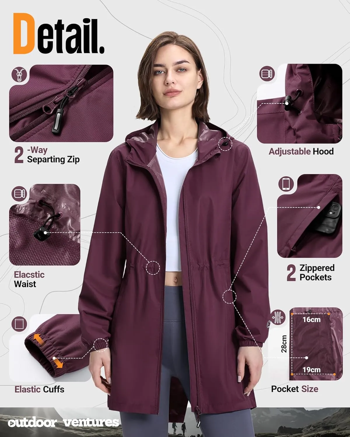 Outdoor Ventures Women's Waterproof Long Rain Coats Packable Lightweight Rain Jacket With Hood Windproof Trench Coats